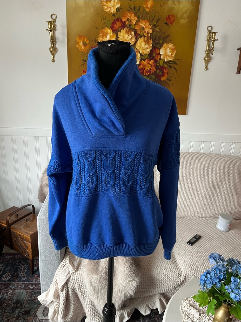 Women's Vintage Blue Shawl Collar Sweater Pullover Size Medium
